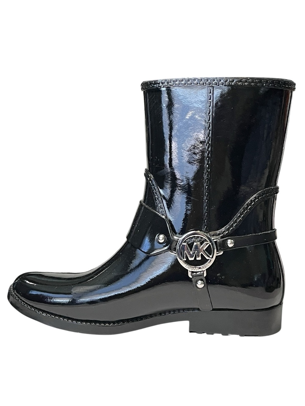 MICHAEL KORS Fulton Rubber Slip-On Rain Boots Booties Glossy Black Silver Logo 8